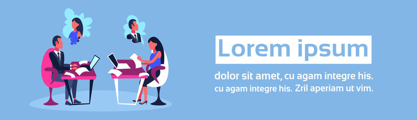 infatuated business couple sitting office workplace thinking about each other dream working process concept cartoon character horizontal copy space full length flat vector illustration