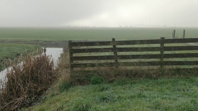 Steady shot of a ditch in The Netherlands during foggy damp weather in Autumn small pan from left to right