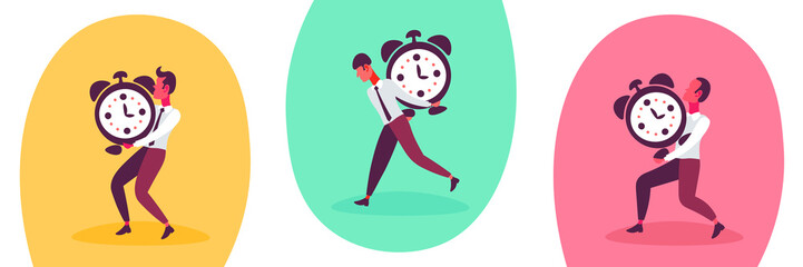 businessmen different poses holding clock alarm deadline concept collection cartoon character full length flat horizontal banner isolated