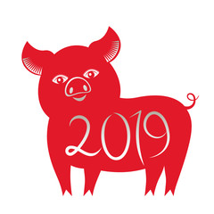 Chinese traditional zodiac sign Year of the Pig. Cutted pig from red paper. Happy Chinese New Year 2019. flat vector illustration isolated on white background