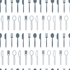 Seamless pattern with gray spoon, fork, knife isolated on white background, flat and outline design. Vector illustration