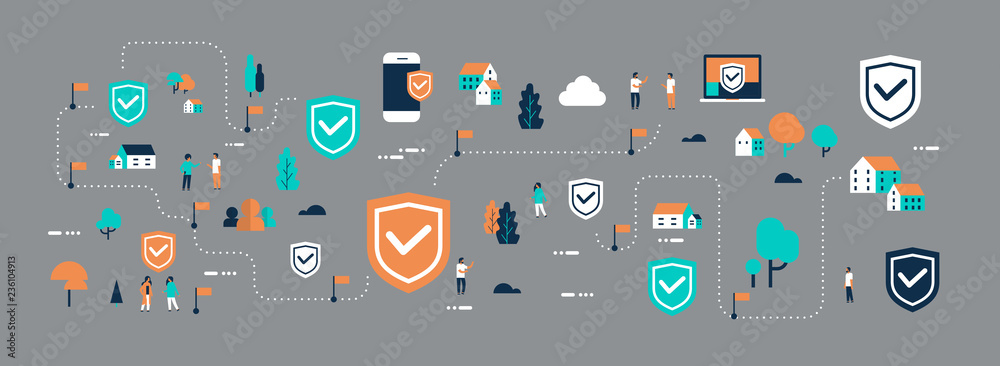 Poster data protection shield access connection isometric people communication internet computer mobile sec