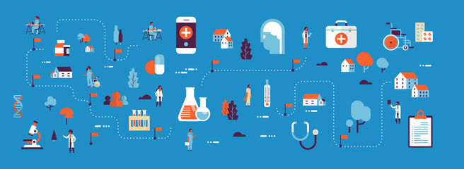 medical healthcare products medicine isometric map concept laboratory equipment doctors and nurses cartoon character horizontal banner blue background flat