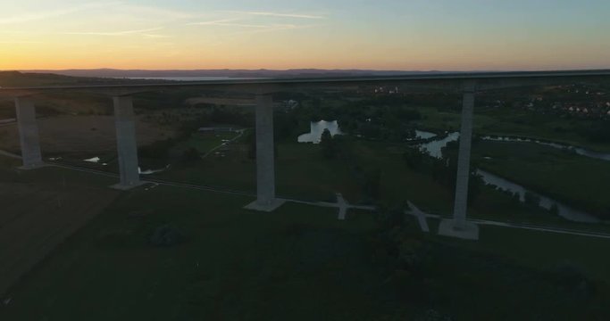 Aerial shot of M7 motorway Viaduct in Hungary at sunset with lake Balaton in view