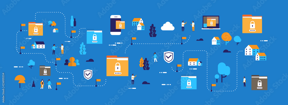 Poster data protection padlock security privacy database concept folder password protect isometric map inte