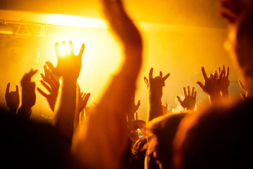 Raised hands of fans during a concert (show or performance)