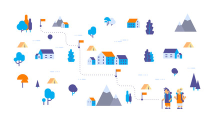 Fototapeta premium boy girl children scouts rest camp hiking backpack forest travel isometric map isolated expedition concept flat horizontal vector illustration