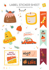 Cute nordic gift labels, stickers and tags with autumn and winter elements. Isolated on white background. Motivational typography of hygge quotes. Scandinavian style illustration. Vector