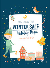 Winter Sale posters and banners. Cute Christmas illustration in vector. Scandinavian New Year elements and holiday typography good for winter sale stickers, labels, tags, cards, posters.