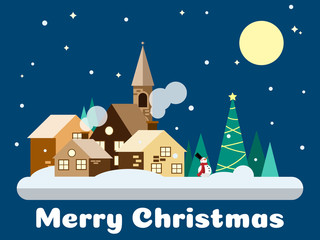 Fototapeta premium Snowy village with snowman and Christmas tree on blue sky background with full moon, stars and Merry Christmas text. Vector illustration design for Christmas holiday banner.