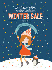 Winter Sale posters and banners. Cute Christmas illustration in vector. Scandinavian New Year elements and holiday typography good for winter sale stickers, labels, tags, cards, posters.