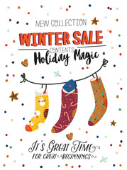 Winter Sale posters and banners. Cute Christmas illustration in vector. Scandinavian New Year elements and holiday typography good for winter sale stickers, labels, tags, cards, posters.