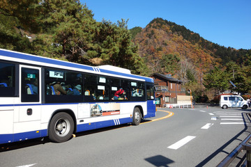 紅葉の山に走るバス