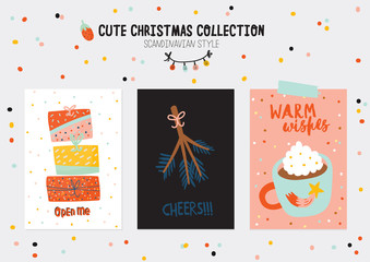 Christmas kit of cute winter postars and cards. New Year elements and holiday typography. Isolated. Scandinavian style illustration good for stickers, labels, tags, cards, posters. Vector