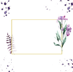 Wedding Invitation, floral invite card, watercolor iris pink floral and green leafs geometric golden frame print. Polygonal Rhombus Rectangle frame. White background