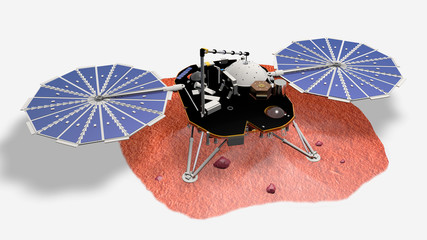 Satellite InSight atterrato su Marte, illustrazione, 3D rendering © robynt