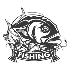 Fishing emblem of  permit isolated on white. Bone fish logo in blue colours. Ocean theme background.