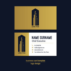 Abstract horizontal vector business card template. Gold, blue, white business card layout. Corporate business card background. Modern visit card with abstract logo and icons. Vector visiting card. 