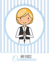 my first communion boy. praying child inside frame. space for text