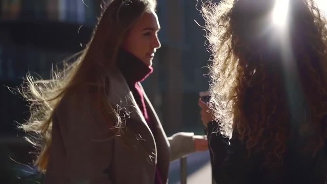 Silhouettes of two girlfriends on a windy Sunny autumn day they talk and their hair in slow motion develop from the wind