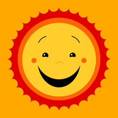 Smile sweat cute sun. Vector cute kids sun symbol. Kiddish sun sign. Joyful sun with smiley face. Kids design. Cute childish sun icon. Emoticon icon. Feeling good image. Cute flat vector illustration.