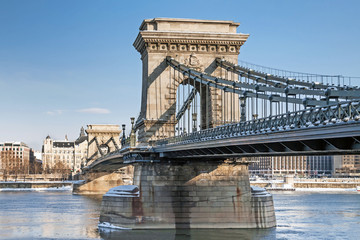 Chain bridge in Budapest, Hungary at winter