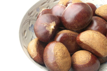 Obraz premium 栗の実・食器 - Brown chestnuts in the bowl