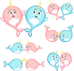 Narwhal couple characters in cartoon style drawing © dima_oris