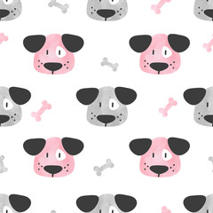 Seamless cute dog pattern. Vector background with watercolor puppy and bones.