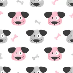 Wall murals Dogs Seamless cute dog pattern. Vector background with watercolor puppy and bones.