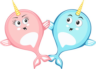 Narwhal couple characters in cartoon style drawing © dima_oris