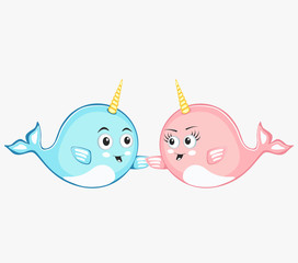 Narwhal couple characters in cartoon style drawing © dima_oris