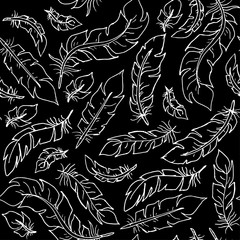 Flat style black bird feathers on black background seamless vector. Decoration white contour elements