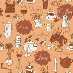 Vector seamless pattern on the theme of drink and food with handwritten inscriptions and cartoon drawings of tableware and fruit. Set of silhouettes with spots and splashes in retro style