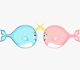 Narwhal couple characters in cartoon style drawing © dima_oris