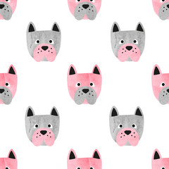 Seamless cute dog pattern. Vector background with watercolor bulldogs