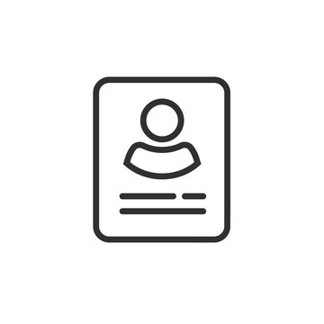 Personal info data icon vector isolated, line outline user or profile card details symbol, my account pictogram idea, identity document with person photo and text pictogram