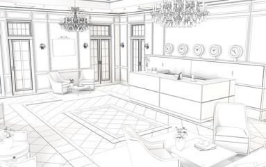 hall, hotel lobby, interior visualization, 3D illustration

