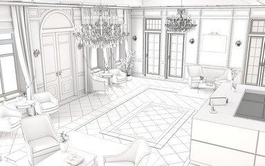 hall, hotel lobby, interior visualization, 3D illustration
