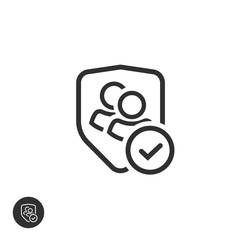 User group privacy vector icon, line outline authentic or confidential team data, two persons protected with shield and checkmark or tick, verified partnership symbol, secure or safe communication
