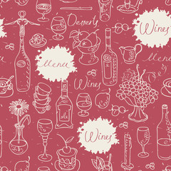 Vector seamless pattern on the theme of wine with tableware and fruit. Set of contour drawings with handwritten inscriptions and spots in retro style. Can be used as wallpaper and wrapping paper