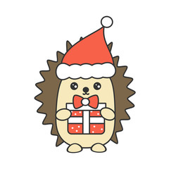 cute cartoon hedgehog with christmas gift box vector illustration isolated on white background