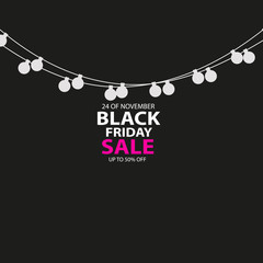 Black Friday Sale handmade lettering, calligraphy with garland and dark background for logo, banners, labels, badges, prints, posters, web. Vector illustration.