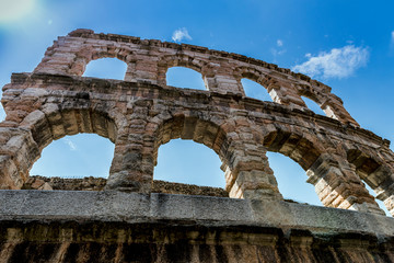 Part of the Verona Arena, a Roman amphitheatre in Piazza Bra in Verona, Italy built in the first century. 