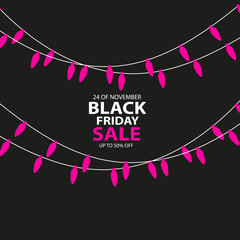 Black Friday Sale handmade with christmas lights candle-shaped garlandand dark background for logo, banners, labels, badges, prints, posters, web. Vector illustration.