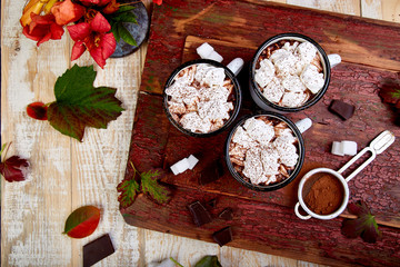 Hot chocolate with marshmallow candies on wooden background.