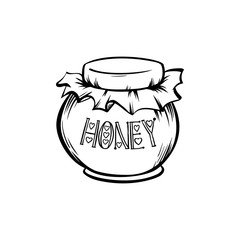 Mason or Glass Jar with Honey. Canned Organic Superfood Design. Black Outline Engraving Icon. Vintage Isolated Vector Illustration for Kitchen or Grocery Shop
