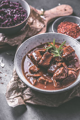 Delicious goulash with red cabbage chili and rosemary