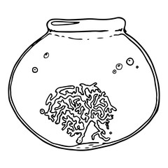 Aquarium without fish. Aquarium with coral. Vector illustration. Hand drawn aquarium with corals and bubbles.
