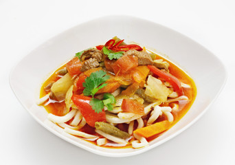 Soup with vegetables and pasta on a white background